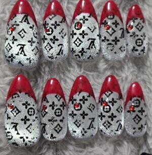 Red Tip Silver Glitter Press-On Nails with Black LV Logo Pattern